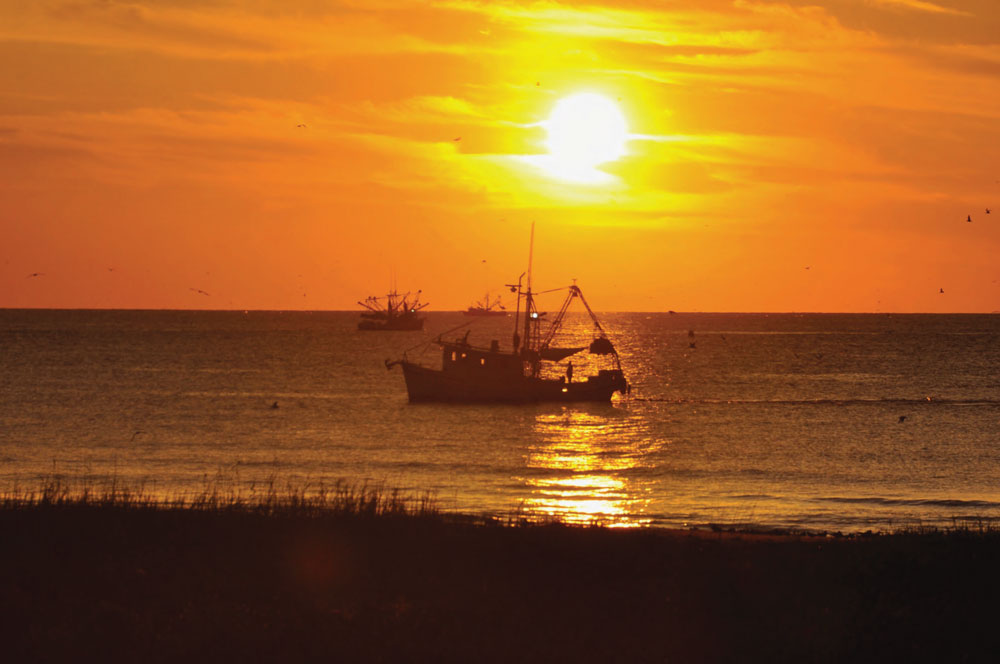 fishing boat on horizon at sunset